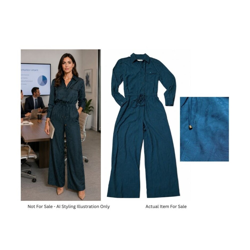 TRINA TURK Banita Jumpsuit Teal Sz 2 Button Front Pockets Wide Leg Preppy Travel